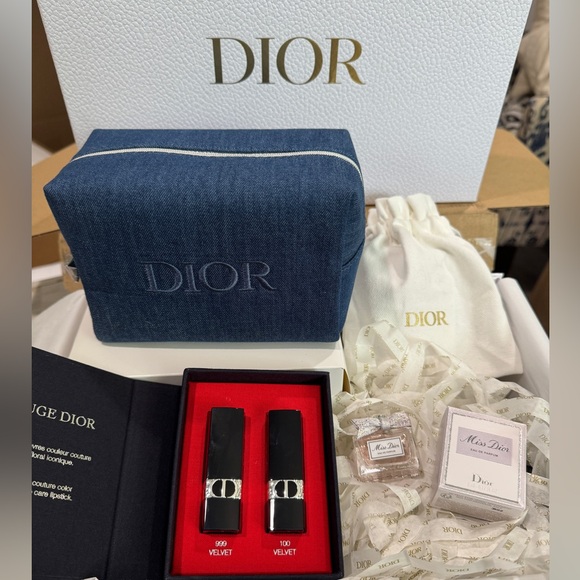 Mini Dior Lipstick & Fragrance Gift Set with Denim Travel Pouch - NIB - Picture 1 of 10
